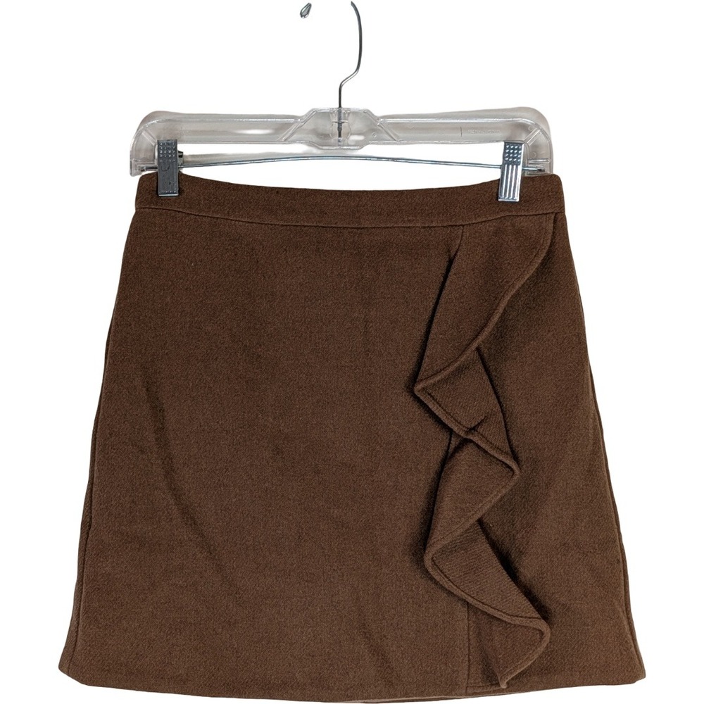 J.Crew Mercantile Skirt Womens 2 Brown Wool Blend Ruffle Front Mini A-Line Zip